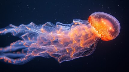Poster - ethereal jellyfish luminescence: a mesmerizing close-up of a bioluminescent jellyfish gliding throug