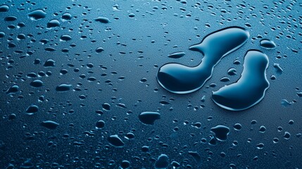 Poster - Close-up of water droplets creating unique patterns on a textured blue surface, showcasing the beauty of liquid shapes and reflections. The scene emphasizes fluidity and natural design