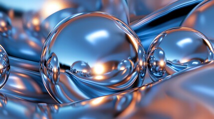 Poster - abstract 3d render of shiny, silver spheres and flowing, metallic shapes.