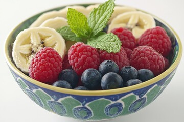 Sticker - A colorful arrangement of bananas, raspberries, and blueberries in a bowl