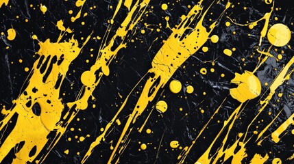Poster - Energetic yellow paint splashes create a striking contrast against a black canvas. The chaotic patterns evoke movement and creativity, making it a vibrant abstract expression