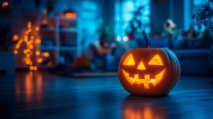 Leinwandbilder - Glowing Jack-o'-Lantern in a Blue-Toned Room: Festive Halloween Decor, Bokeh Lights, and Spooky Atmosphere Creating a Warm and Inviting Ambiance.