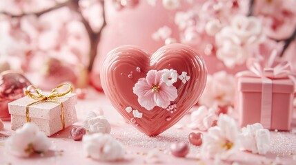 Aufkleber - A pink heart shaped object surrounded by flowers and gifts, perfect for romantic occasions