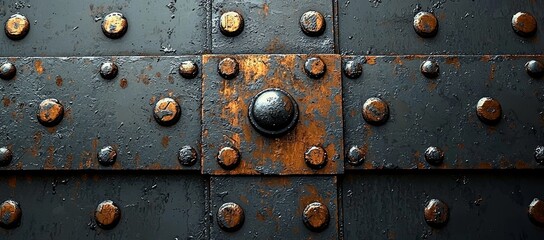 Rusty metal plate texture, rivets, dark background, grunge design