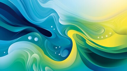 Poster - Colorful abstract design featuring swirling waves of blue, yellow, and green hues. Fluid lines create a sense of movement and energy, enhanced by subtle circular accents