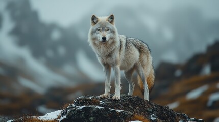  Majestic wolf standing on mountain peak, foggy background; wildlife nature photography