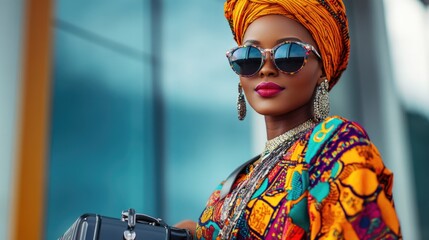Poster - A woman wearing a vibrant dress holds a black purse, perfect for various occasions