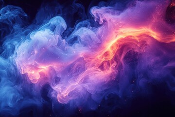 Aufkleber - Deep blue and purple neon smoke swirls gracefully in a dark expanse, creating an ethereal atmosphere filled with glowing particles and cinematic depth