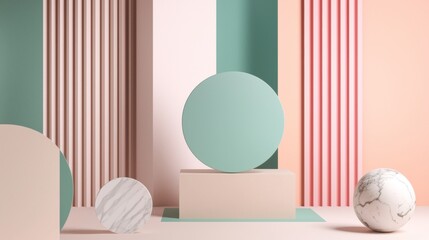 Poster - Abstract composition featuring geometric shapes and pastel colors. Vertical lines and spherical forms create a modern, minimalist aesthetic with a touch of elegance and balance