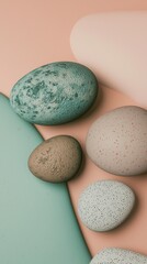 Poster - Collection of textured stones arranged on a smooth, pastel-colored background. The stones vary in size and color, creating a harmonious and artistic visual display