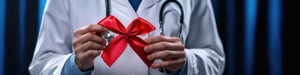Aufkleber - A doctor holding a red ribbon and stethoscope, ready for medical work