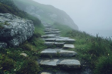 Wall Mural - stone steps and path leading to the foggy coast .