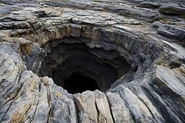Poster - A hole in the side of a rock formation against a clear blue sky