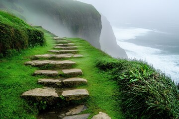 Wall Mural - stone steps and path leading to the foggy coast .
