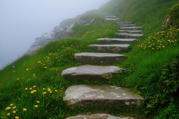 Wall Mural - stone steps and path leading to the foggy coast .
