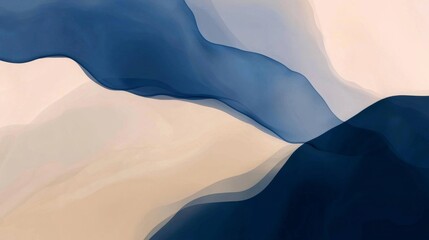Poster - Abstract design featuring flowing waves in soft blue and beige hues. The composition creates a serene and calming effect, perfect for backgrounds or artistic projects