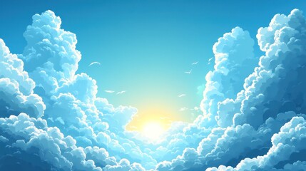 Poster - Sun shining through fluffy clouds in a bright blue sky.