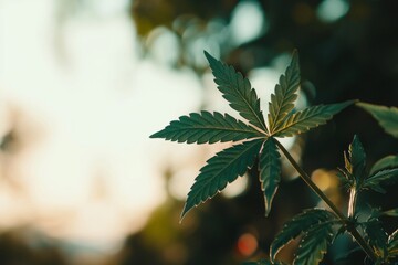Poster - Sunlight illuminates a cannabis leaf, highlighting its serrated edges and vibrant green color. The blurred background creates a serene and natural setting, emphasizing the plant's beauty