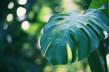 Poster - Close-up of a lush green monstera leaf, showcasing its distinctive splits and vibrant texture. Sunlight filters through, creating a serene and tropical atmosphere in a garden setting