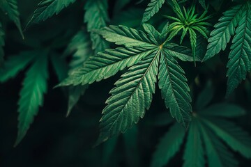 Poster - Close-up view of vibrant green cannabis leaves, showcasing their intricate texture and structure. The leaves are illuminated by natural light, highlighting their rich color and detail