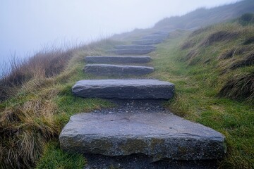 Wall Mural - stone steps and path leading to the foggy coast .