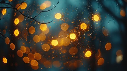 Poster - Warm golden bokeh lights creating a cozy atmosphere against a dark backdrop with delicate reflections for elegant backgrounds