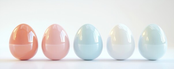 Poster - Five glossy eggs in pastel shades of pink, blue, and white are arranged in a line. The smooth, reflective surfaces create a minimalist and modern aesthetic against a plain backdrop