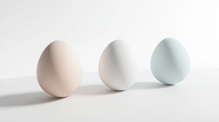 Poster - Three eggs in soft pastel shades are arranged in a minimalist style against a clean, white background, emphasizing simplicity and elegance in design