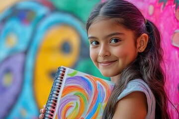 Poster - A young girl holds a notebook in front of a vibrant graffiti wall, perfect for creative or artistic concepts