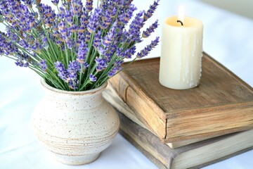 Poster - A decorative table setting with a vase, candle, and books