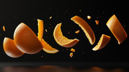 Poster - Vibrant orange slices dynamically explode against a dark background, creating a striking contrast. The citrus pieces are suspended mid-air, showcasing texture and freshness