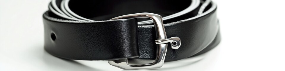 Poster - A close-up view of a black leather belt featuring a shiny silver buckle
