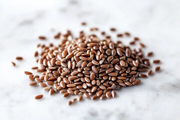 Poster - A pile of flax seeds sits on top of a table, ideal for use in cooking, baking or as a decorative element