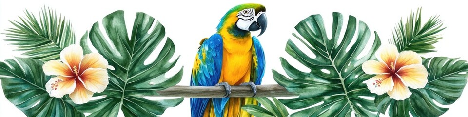 Poster - A vibrant parrot perched on a tree branch, looking out into the distance
