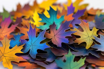 Poster - A pile of vibrant leaves resting on a table, great for autumn or nature-inspired compositions