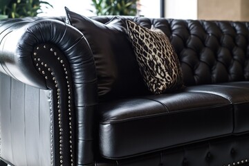 Poster - A black leather sofa with a bold leopard print pillow adds a touch of elegance to any room