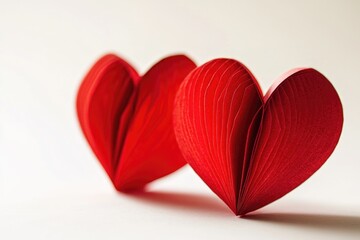 Poster - A pair of bright red paper hearts stacked on top of each other, ideal for romantic or Valentine's Day themed projects