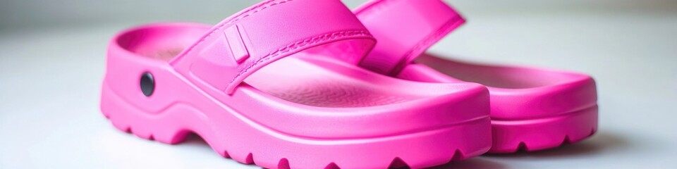Poster - A pair of pink clogs sitting on a white surface, ready for use