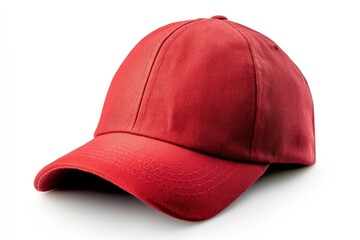 Poster - A close-up shot of a red baseball cap sitting on a plain white background, perfect for emphasizing the cap's design or using as a prop in a product photo shoot