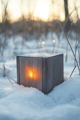Poster - a wooden box with a candle or light inside, placed in the snowy environment