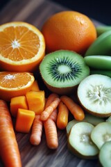 Aufkleber - Fresh produce arranged on a wooden cutting board for a healthy snack or meal prep