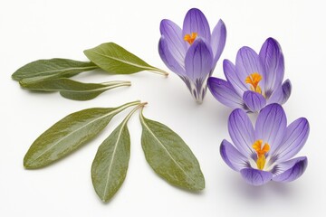 Poster - Three purple flowers with green leaves on a white surface