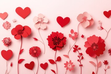 Poster - Colorful bouquet of paper flowers and hearts on a bright pink background, perfect for decorative purposes or creative projects