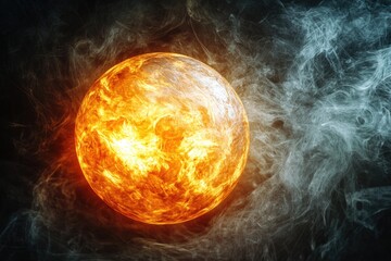 Poster - A bright orange ball of smoke on a dark background, perfect for use in a design about energy, power or danger