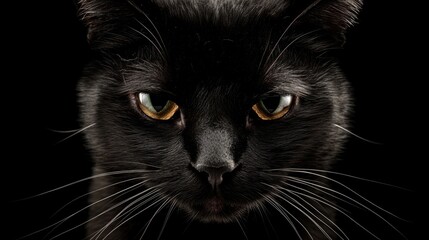 Poster - A close-up shot of a black cat's face, highlighting its bright yellow eyes