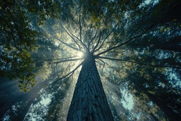Poster - A single tall tree stands out in the middle of a dense forest