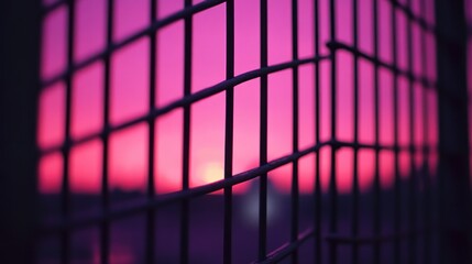 Poster - Sunset view through wire fence, urban backdrop, graphic design