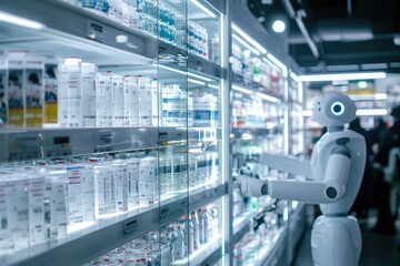 Poster - Robot standing near retail products on a shelf, encouraging customers to shop