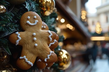 Poster - Close-up of a decorative gingerbread on a festive Christmas tree, perfect for holiday decorations or editorial use