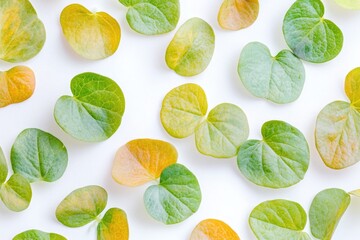 Poster - Close-up shot of a bunch of green and yellow leaves on a white background